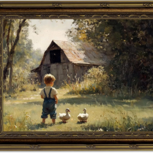 gold frame vintage country canvas wall art boy duckling barn wall decor picture rural farm painting print artwork for retro farmhouse home children's room decoration 9x11in
