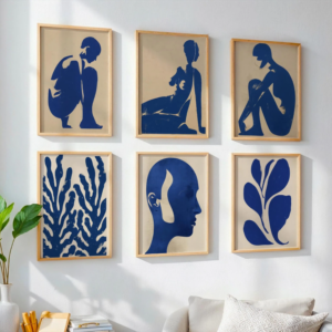 matisse inspired abstract blue wall art set of 6 prints | modern minimalist digital posters | boho contemporary home decor printable artwork